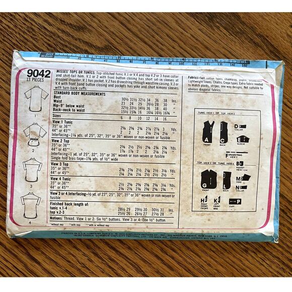 Vintage 1970s Simplicity 9042 Sewing Pattern Size XS 10 Top or Tunic COMPLETE - Picture 2 of 2